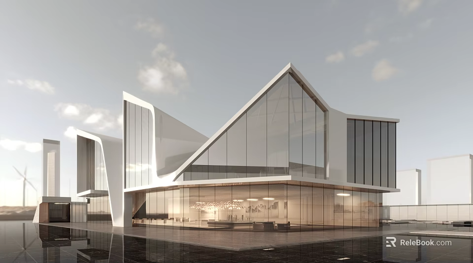 Modern Sales Office Building Exterior With Geometric Design Large Glass Walls And Water Reflection 3d model 