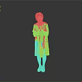Woman Standing In Floral Dress With Clasped Hands And Purple Shoes On Gray Background