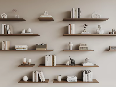 Elegant Wall Shelves With Books Decorations Vases Camera Model And Ornaments 3d model