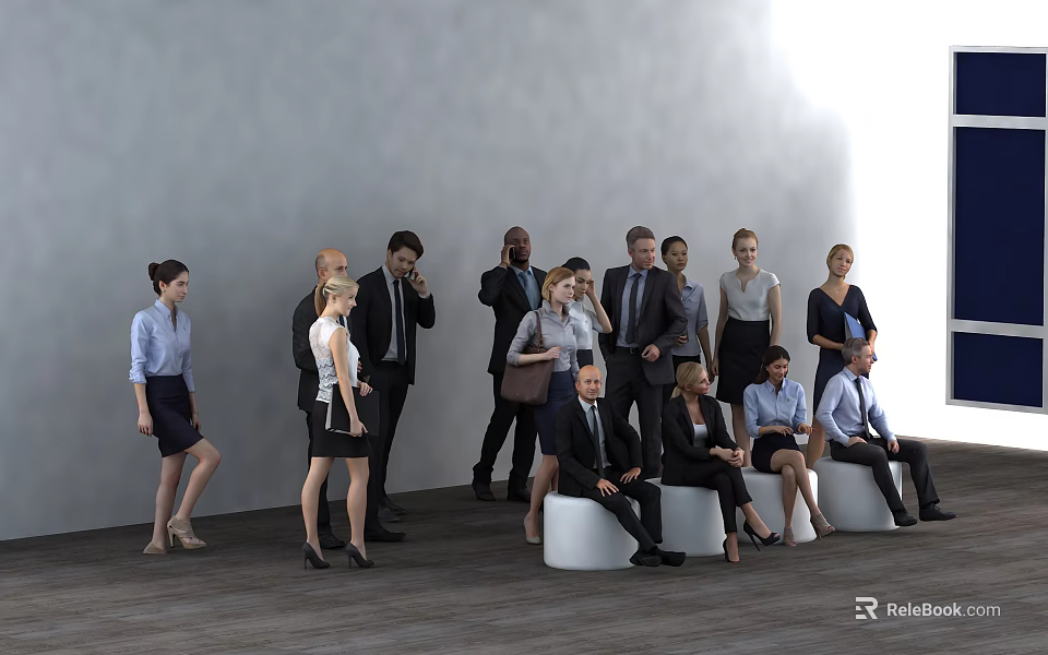 Group of Business Professionals Standing and Sitting in Office With Gray Wall and Wooden Floor 3d model 