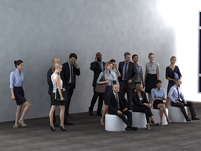 Group of Business Professionals Standing and Sitting in Office With Gray Wall and Wooden Floor 3d model