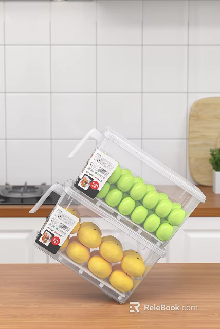 Transparent Plastic Storage Container With Green Balls And Yellow Fruits In Kitchen 3d model 