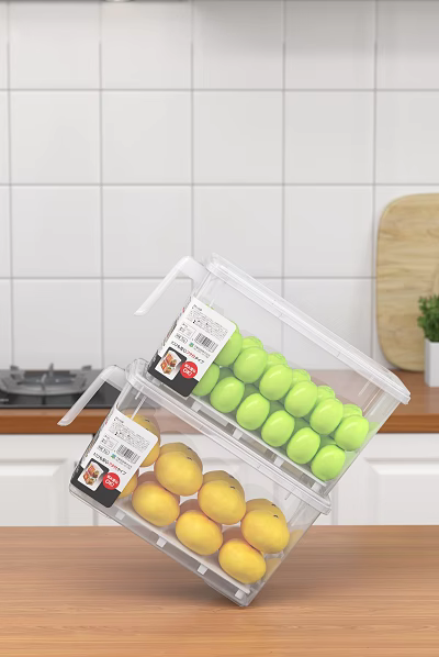 Transparent Plastic Storage Container With Green Balls And Yellow Fruits In Kitchen 3d model
