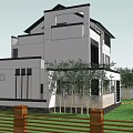 Modern Two Story Detached Villa With White Exterior Black Roof And Courtyard Greenery