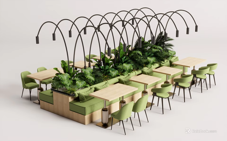 Modern Booth Sofas With Green Plants Tables And Chairs In Dining Area 3d model 