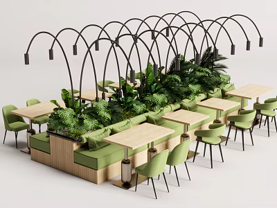 Modern Booth Sofas With Green Plants Tables And Chairs In Dining Area 3d model