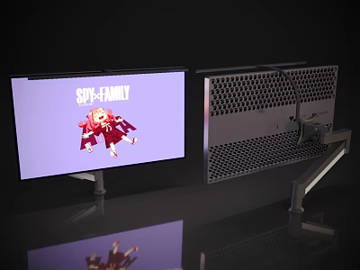Dual Computer Monitors Setup Featuring Spy Family Anime Character And Mesh Design Stand 3d model