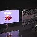 Dual Computer Monitors Setup Featuring Spy Family Anime Character And Mesh Design Stand