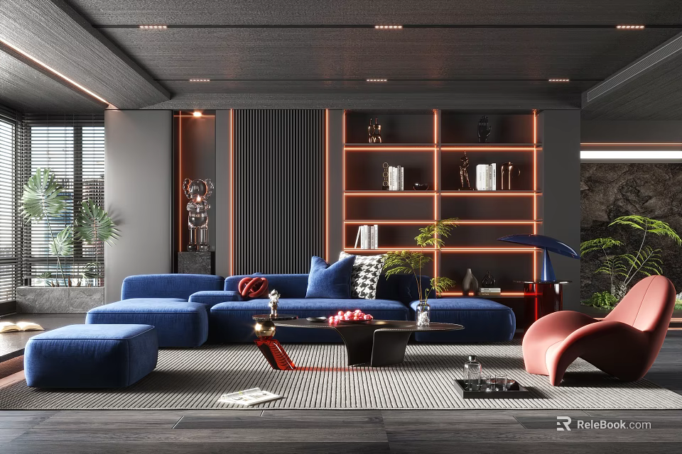 Modern Living Room Interior Design With Blue Sofa Red Armchair Bookshelf Decorations And Plants 3d model 