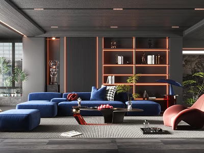 Modern Living Room Interior Design With Blue Sofa Red Armchair Bookshelf Decorations And Plants 3d model