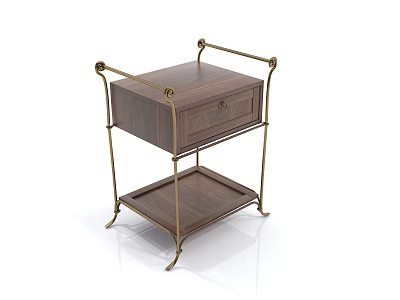 Elegant Bedside Table With Walnut Top Drawer And Brass Metal Frame Lower Shelf 3d model