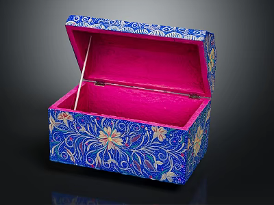 Decorative Ornament Box Set With Blue Floral Vine Patterns Open Pink Interior 3d model