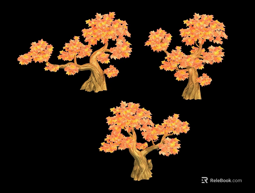 Three Trees With Vibrant Orange Leaves And Sturdy Brown Trunks In Garden 3d model 