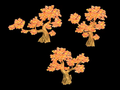 Three Trees With Vibrant Orange Leaves And Sturdy Brown Trunks In Garden 3d model