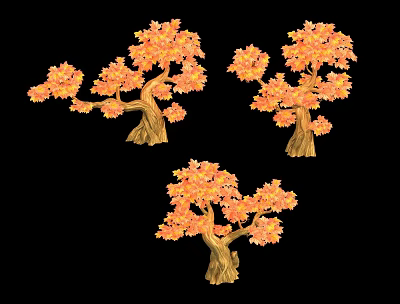 Three Trees With Vibrant Orange Leaves And Sturdy Brown Trunks In Garden 3d model