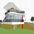 Modern Detached Villa With White Exterior Balcony Staircase Green Lawn And Trees
