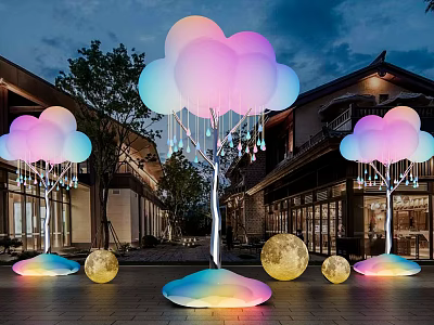 Outdoor Glowing Cloud Art Installation With Colorful Lights Moon Decorations Traditional Buildings At Night 3d model