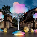 Outdoor Glowing Cloud Art Installation With Colorful Lights Moon Decorations Traditional Buildings At Night