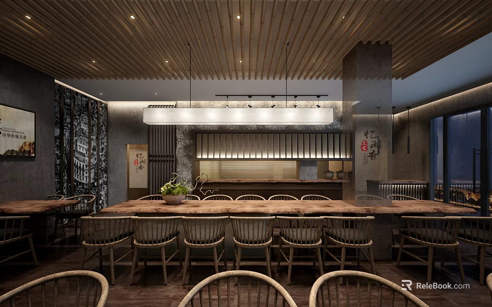 Traditional Restaurant Interior With Long Wooden Tables Rattan Chairs And Pendant Lights 3d model 