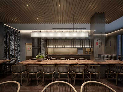 Traditional Restaurant Interior With Long Wooden Tables Rattan Chairs And Pendant Lights 3d model