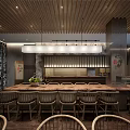 Traditional Restaurant Interior With Long Wooden Tables Rattan Chairs And Pendant Lights