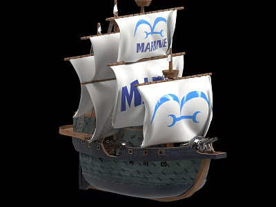 Sailing Ship with Marine Lettering White Sails And Blue Patterns Green And Gray Hull Design 3d model
