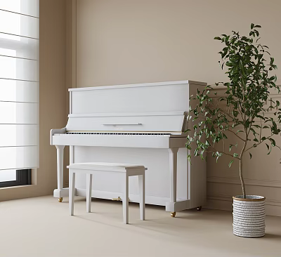 Elegant White Upright Piano Interior With Small Stool And Green Plant Near Window 3d model