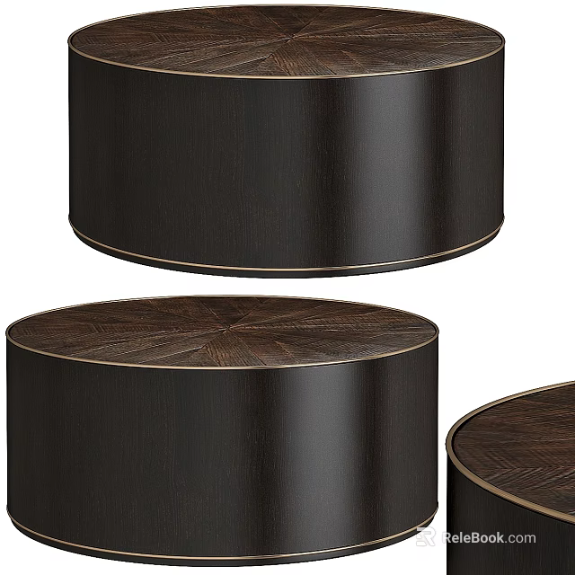 Set of Cylindrical Dining Tables With Dark Wood Grain Surface And Golden Edge Details 3d model 
