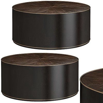 Set of Cylindrical Dining Tables With Dark Wood Grain Surface And Golden Edge Details 3d model