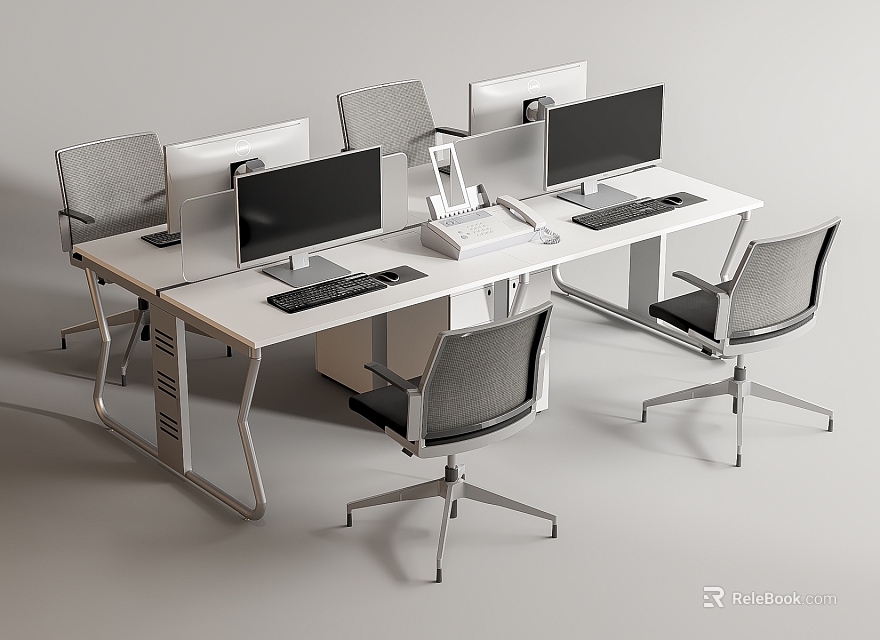 Modern Office Desk Workstations With Multiple Computer Monitors And Ergonomic Chairs 3d model 
