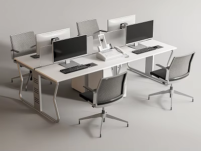 Modern Office Desk Workstations With Multiple Computer Monitors And Ergonomic Chairs 3d model