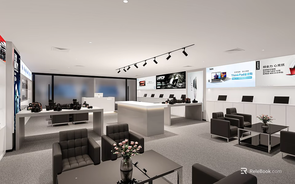 Modern Exhibition Hall Interior With Leather Sofas Coffee Tables And Display Counters 3d model