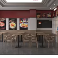 Vibrant Restaurant Interior Featuring Red Walls Food Posters Wooden Tables And Order Counter