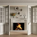 Elegant Folding Doors In Living Room With Fireplace Burning Fire Decorative Plates And Candlesticks
