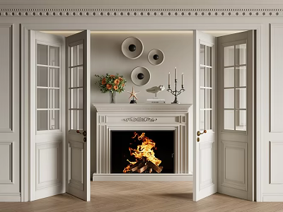 Elegant Folding Doors In Living Room With Fireplace Burning Fire Decorative Plates And Candlesticks 3d model