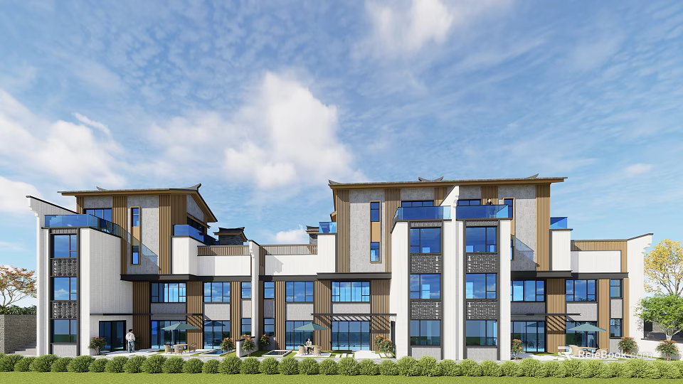 Modern Townhouse Exterior Design With Multiple Windows Balconies And Landscaped Garden 3d model 