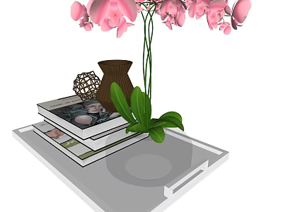 Decorative Ornament Set with Pink Orchids Brown Vase Woven Sphere and Stacked Books on Tray 3d model