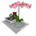 Decorative Ornament Set with Pink Orchids Brown Vase Woven Sphere and Stacked Books on Tray