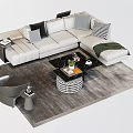 Modern White L shaped Sofa With Pillows And Black Coffee Table On Gray Rug 3d model