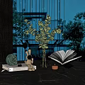 Modern Home Decorative Ornament Set With Green Plant Glass Vase Open Book And Golden Ornaments