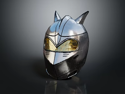 Silver Metallic Helmet With Cat Ear Design And Yellow Futuristic Visor 3d model