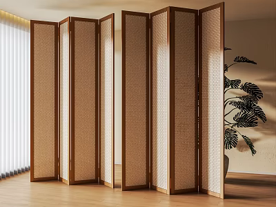 Wooden Room Divider With Woven Panels in Modern Interior Space and Green Plant Decoration 3d model