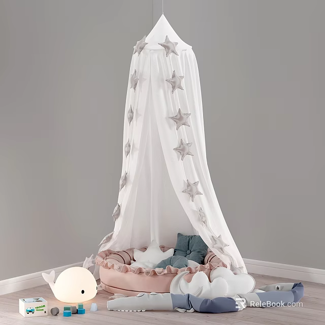 Kids Bed With White Canopy Gray Star Decorations Pink Frame And Cloud Accents 3d model 