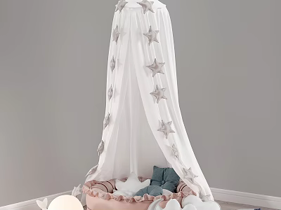 Kids Bed With White Canopy Gray Star Decorations Pink Frame And Cloud Accents 3d model