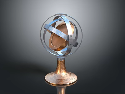 Elegant Decorative Globe Ornament With Intricate Metal Frame And Carved Copper Base 3d model