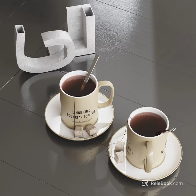 Cups with Dark Liquid Spoons Sugar Cubes on Saucers Featuring Light City Deep Taste Text 3d model 