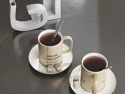 Cups with Dark Liquid Spoons Sugar Cubes on Saucers Featuring Light City Deep Taste Text 3d model