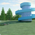 Blue Spiral Road Facility With Green Lawn And Trees Under Clear Sky