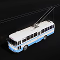 Vintage Blue And White Trolleybus With Overhead Wires On Black Background