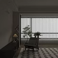 Beige Upholstered Leisure Chair With Dark Wood Frame On Patterned Rug And Indoor Plants